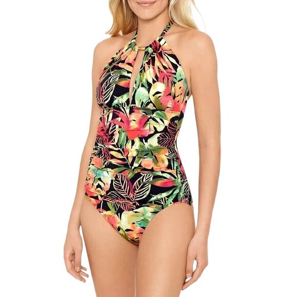 NWT Ralph Lauren Keyhole Halter Leaf Print One Piece Swimsuit Size 16 - Picture 2 of 12